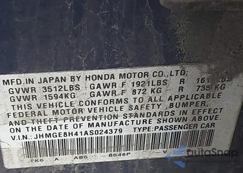 2010 Honda Fit Sport from USA, damaged, VIN JHMGE8H41AS024379